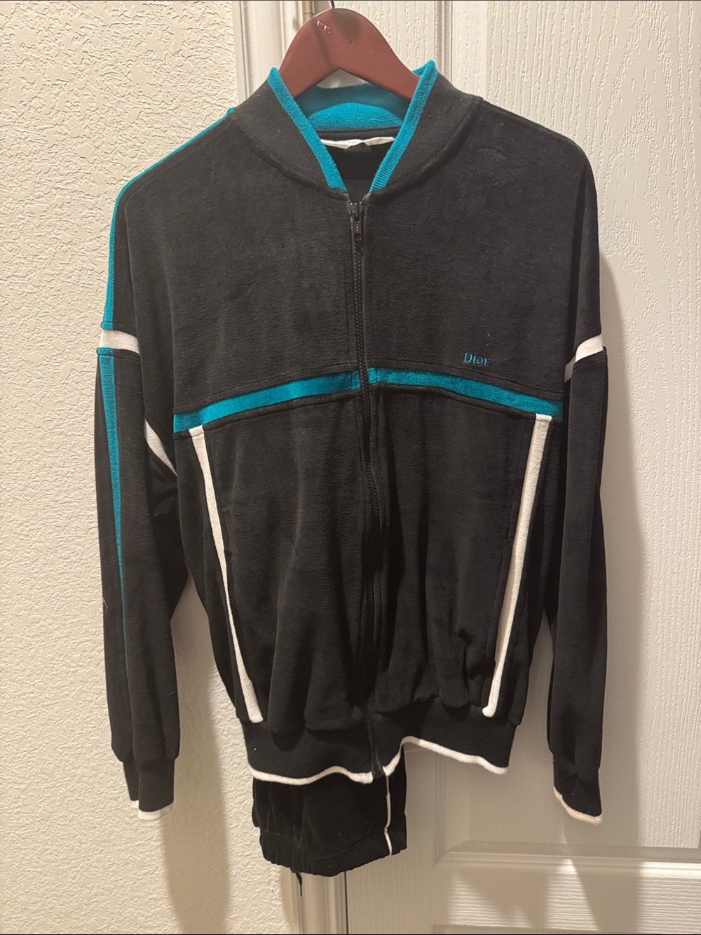 Dior Black Track Zip-Up Set with Teal & White Trim